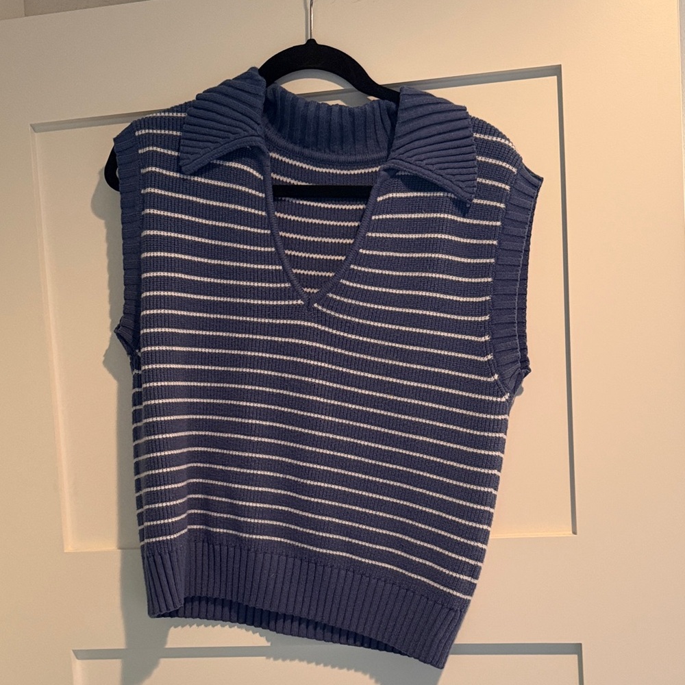 Striped Blue and White Collared Sleeveless Soft Sweater